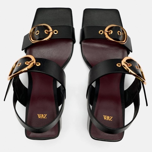 NWT. Zara Black Leather Block Heel Buckled Sandals. Size 9. - Picture 4 of 11